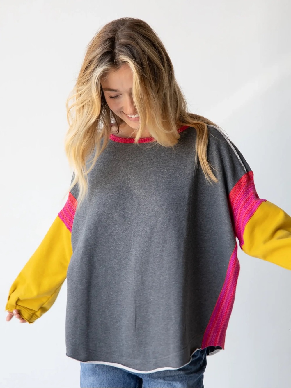 NATURAL LIFE Knit Trim Sweatshirt in Gray, Pink & Yellow